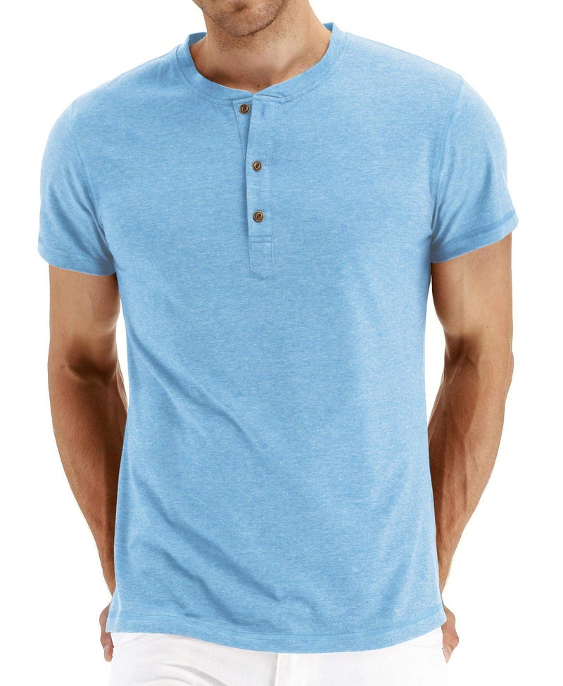 PEGENO Men's Fashion Casual Front Placket Short/Long Sleeve Henley T-Shirts Cotton Shirts (US XX-Large, A11 Light Blue) - Image 1